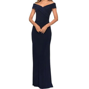 La Femme Navy Ruched Off Shoulder Gown 10